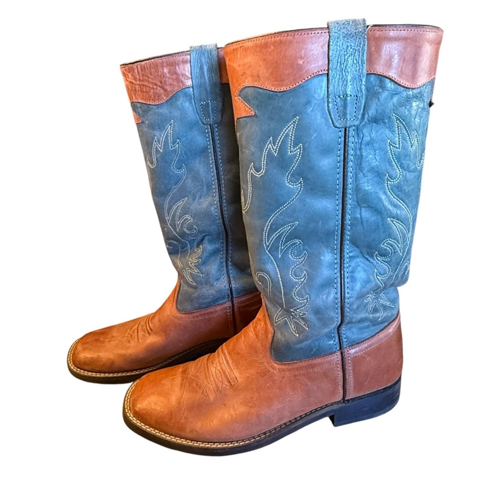 Old West Brown & Blue Two-Tone Leather Cowboy Boots Mens 7 or Women’s 9